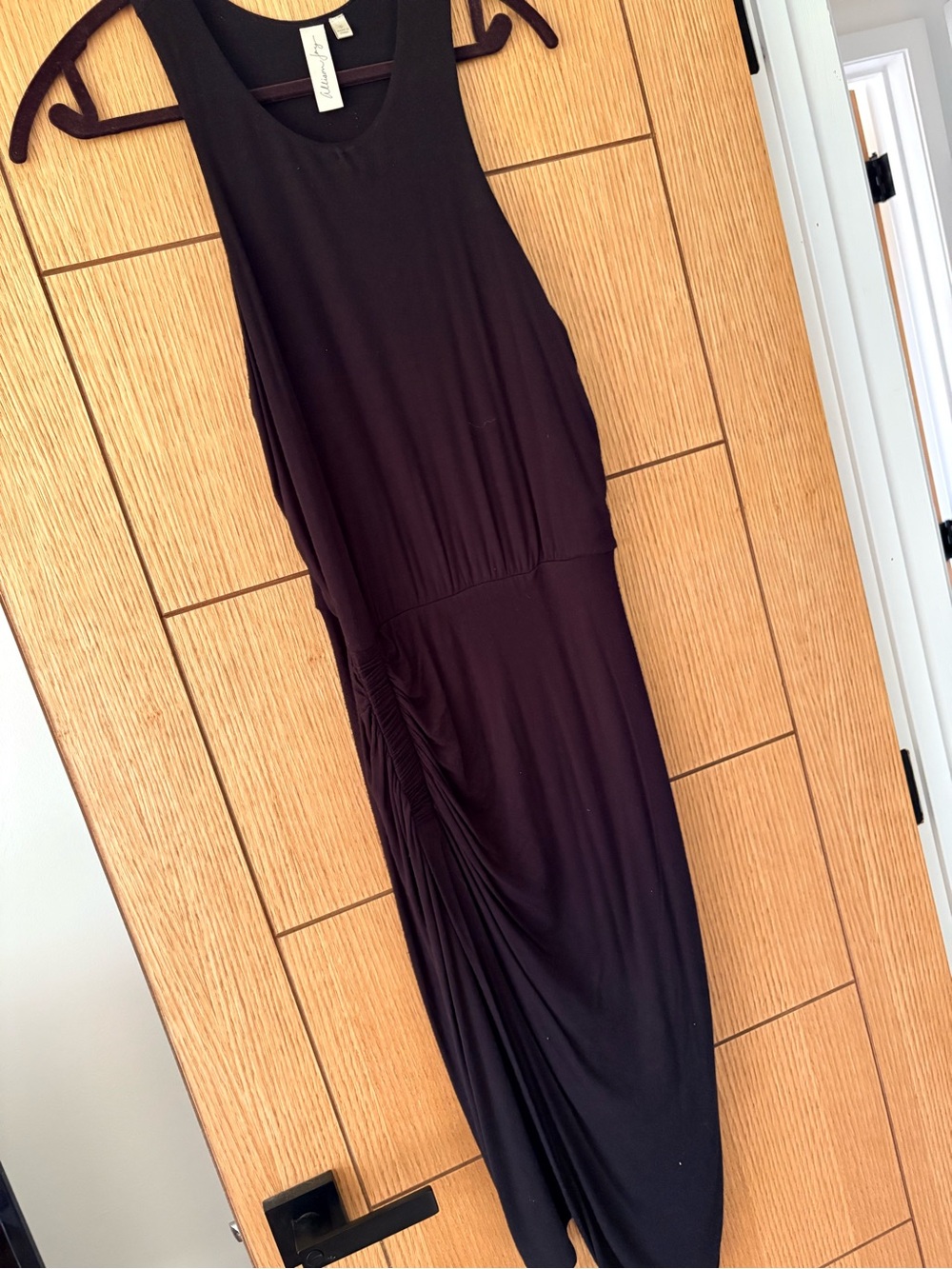 Allison Joy Black Asymmetrical Ruched Midi Dress